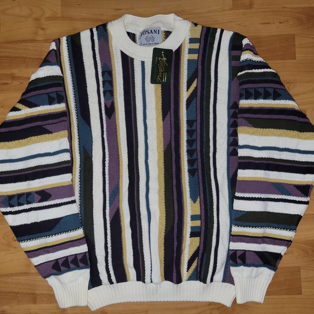 NEW Tosani Chunky 3D Style Knit Sweater Mens Colorful Stripe COOGI Style, XL